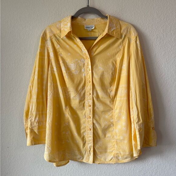 Coldwater Creek Button-Up Floral Shirt Blouse Butter Yellow Women’s Sz 1X Office - Picture 1 of 6